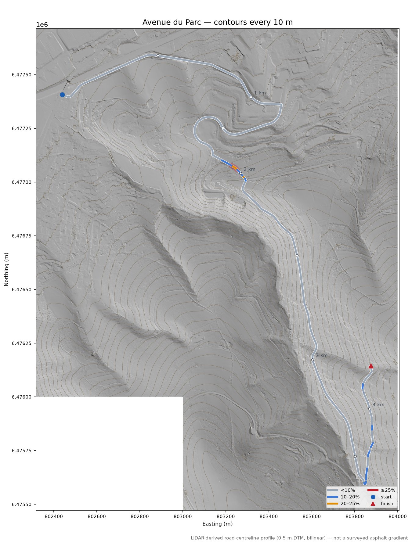 Avenue du Parc LiDAR hillshade map with contours