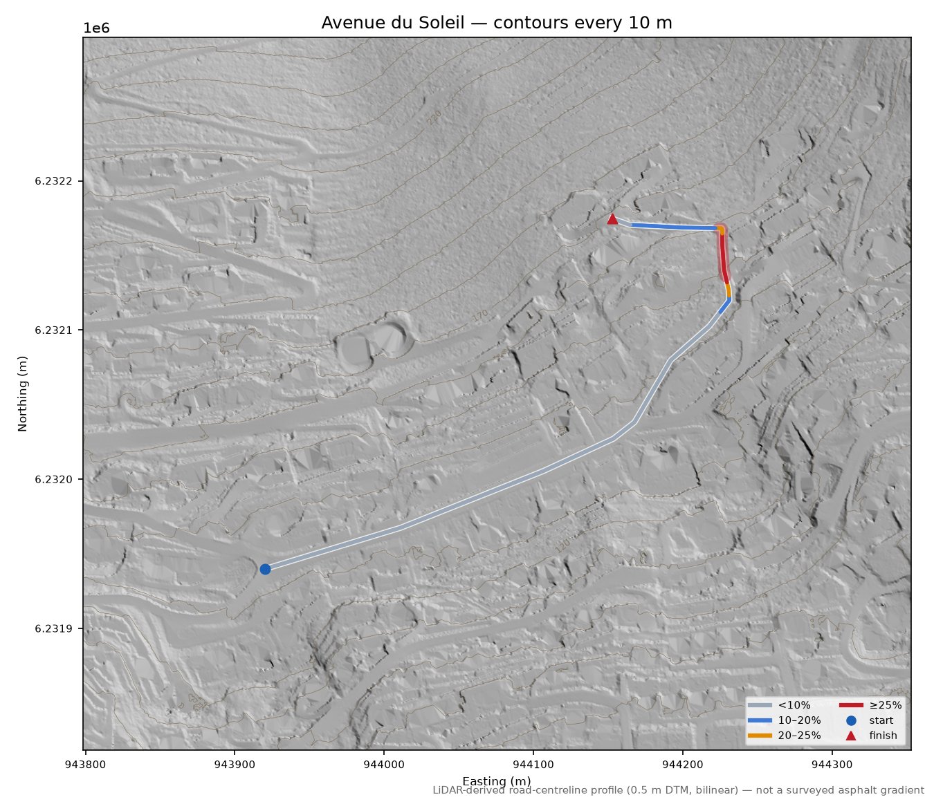 Avenue du Soleil LiDAR hillshade map with contours