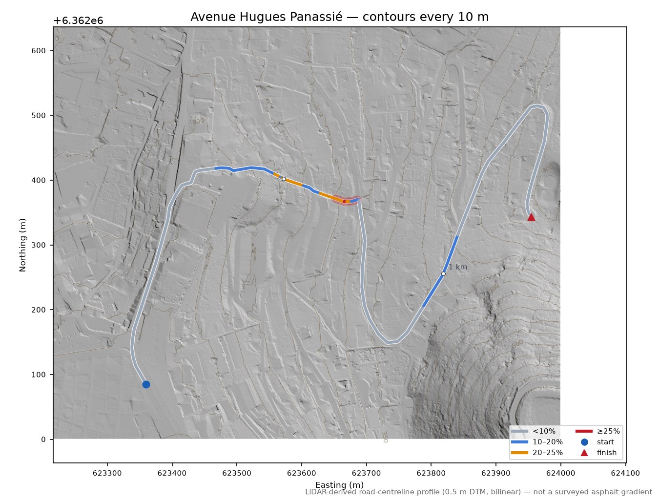 Avenue Hugues Panassié LiDAR hillshade map with contours