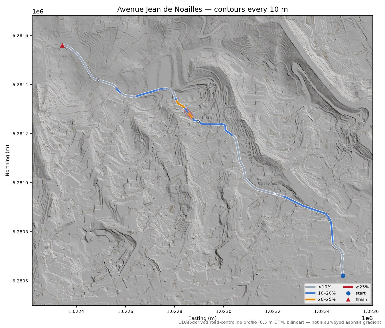 Avenue Jean de Noailles LiDAR hillshade map with contours