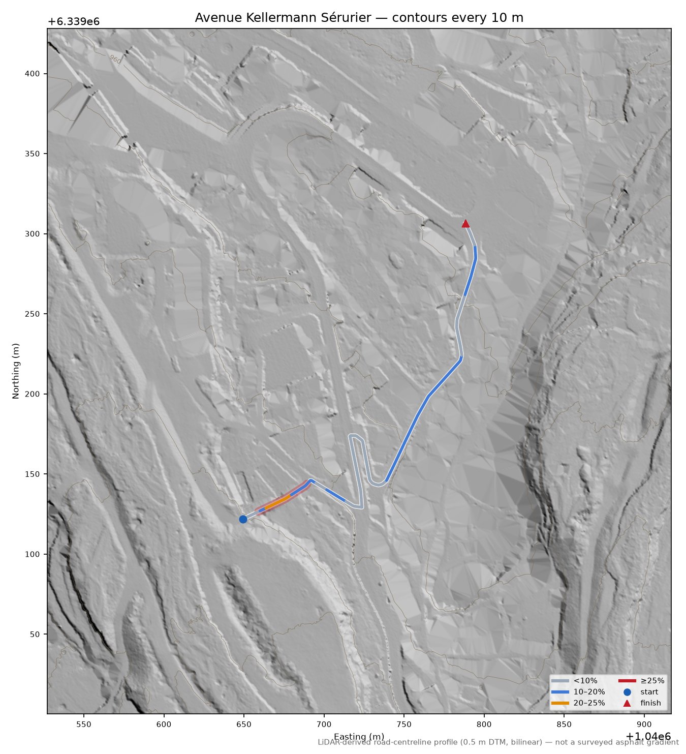 Avenue Kellermann Sérurier LiDAR hillshade map with contours