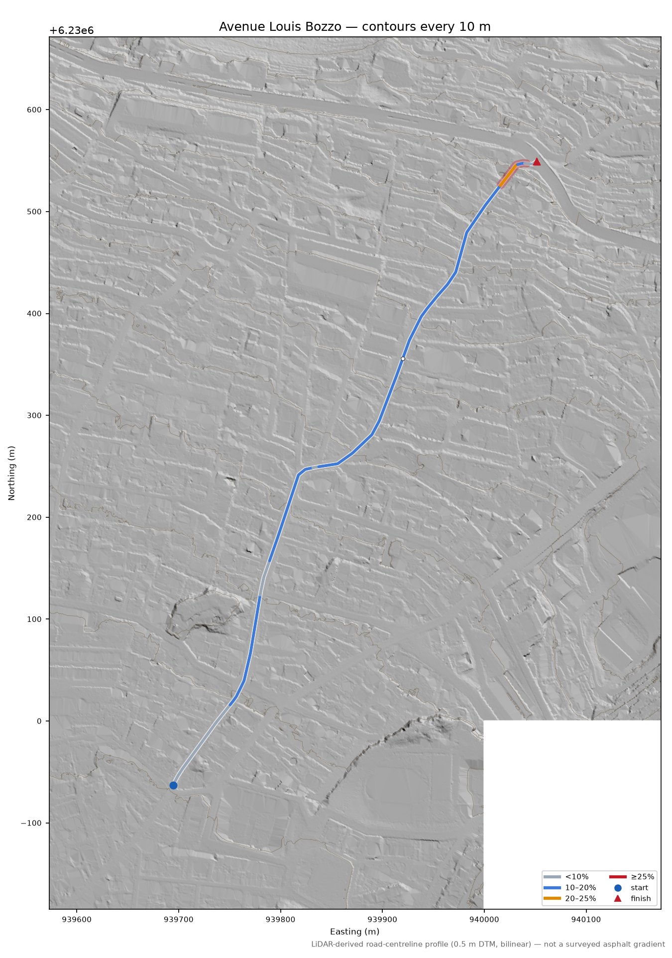 Avenue Louis Bozzo LiDAR hillshade map with contours