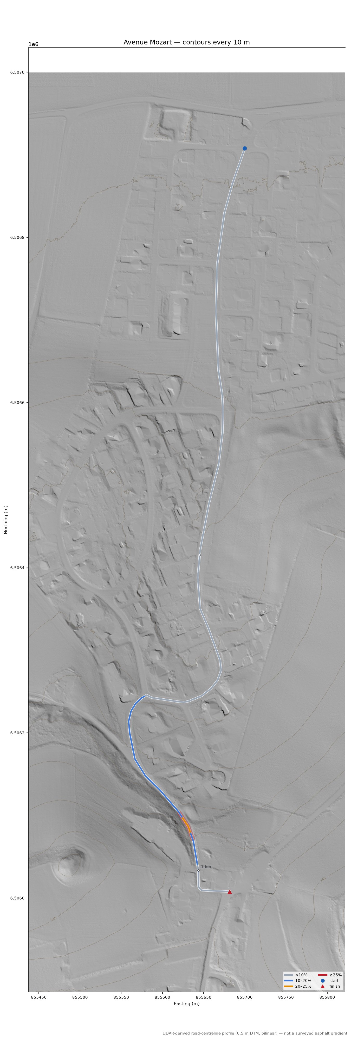 Avenue Mozart LiDAR hillshade map with contours