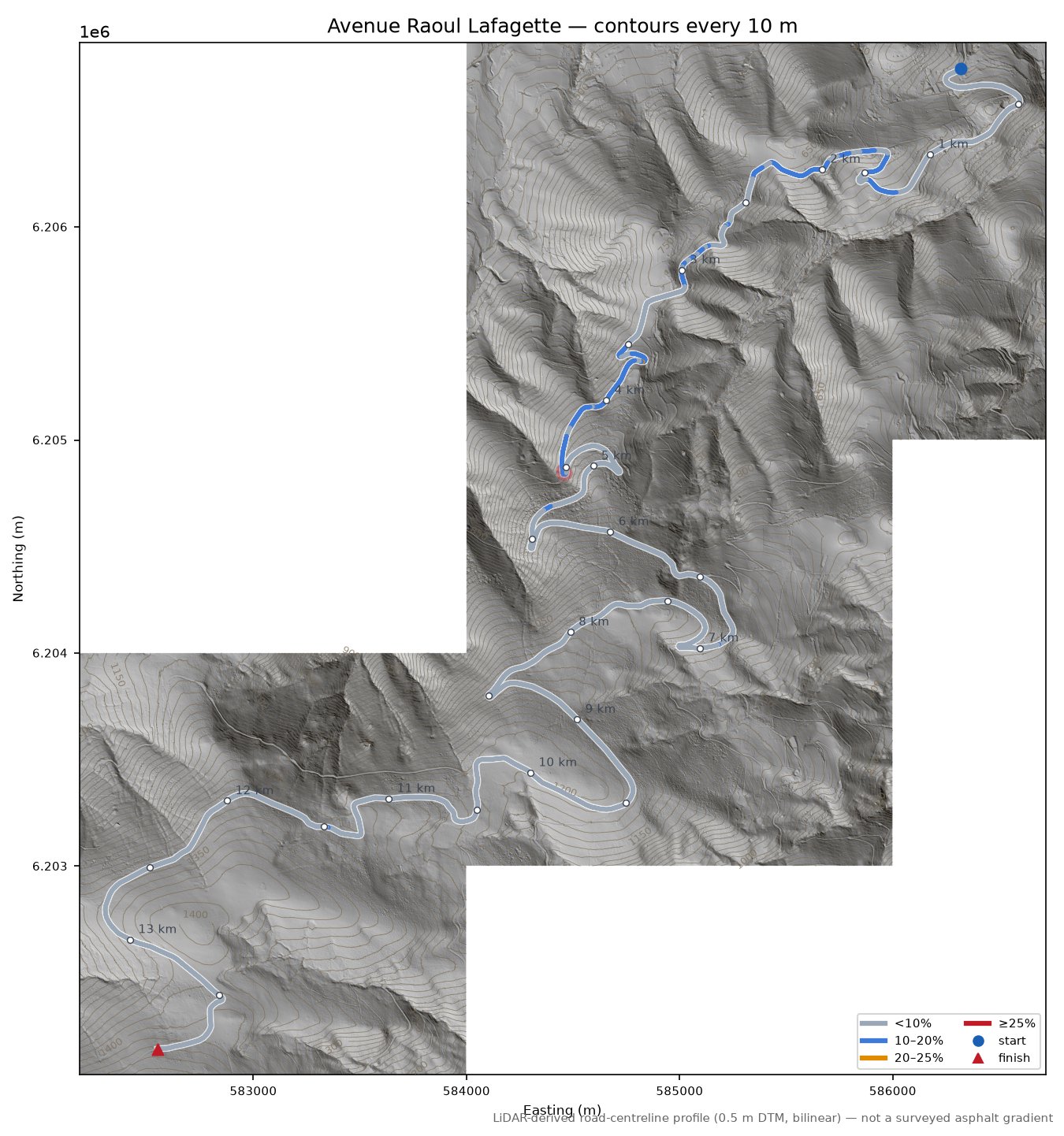 Avenue Raoul Lafagette LiDAR hillshade map with contours
