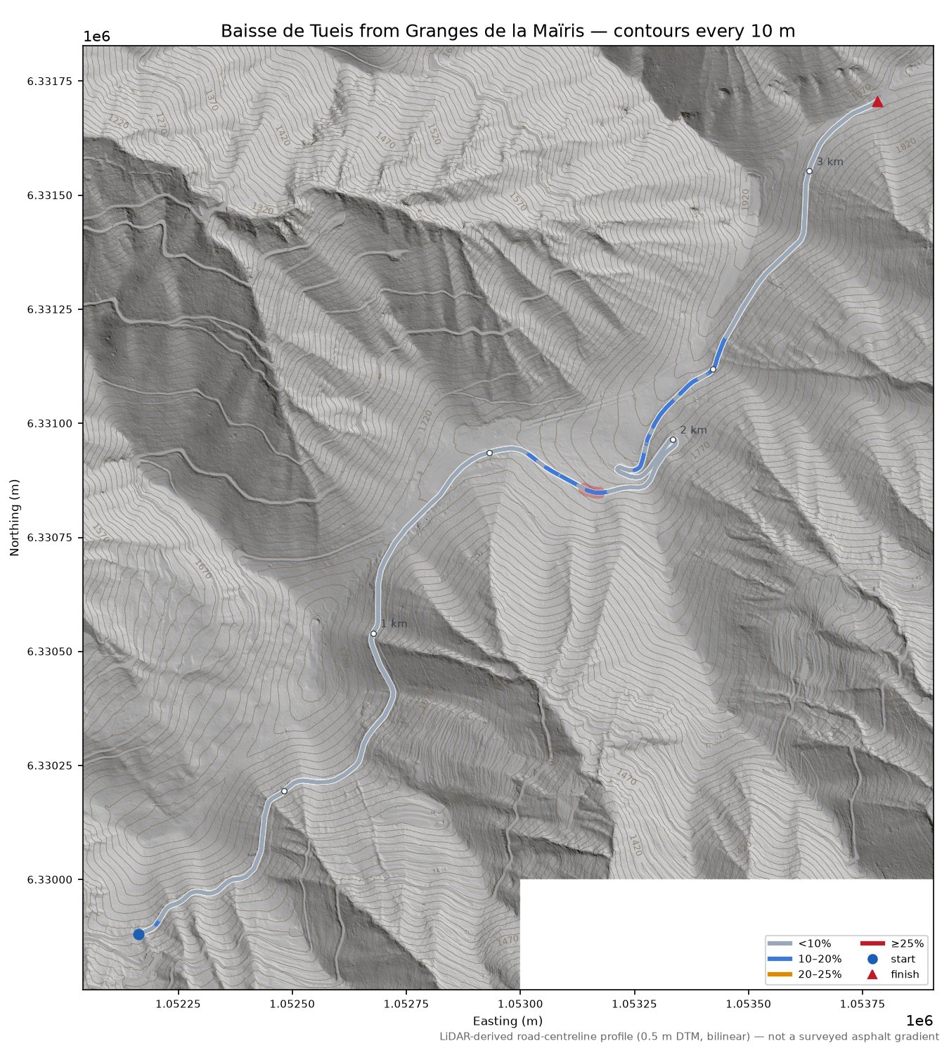 Baisse de Tueis from Granges de la Maïris LiDAR hillshade map with contours