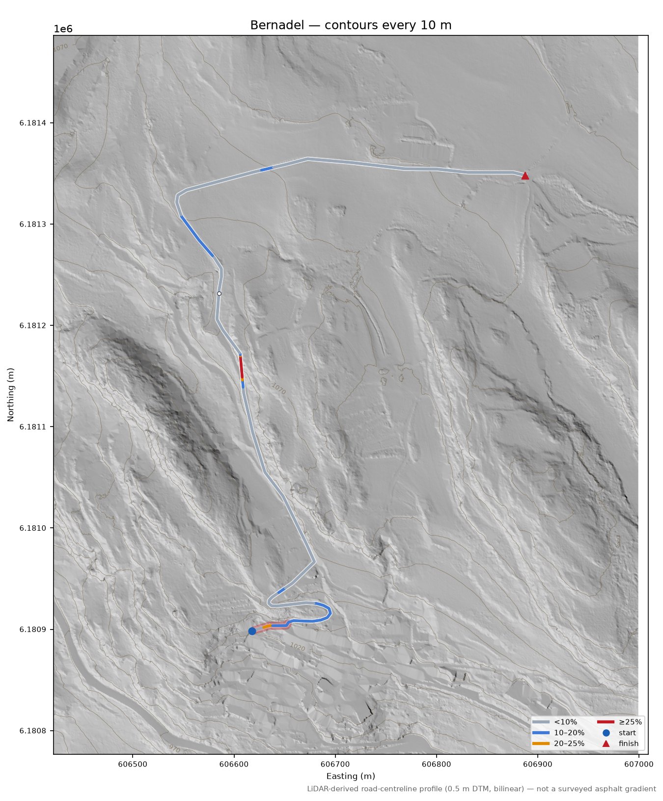 Bernadel LiDAR hillshade map with contours