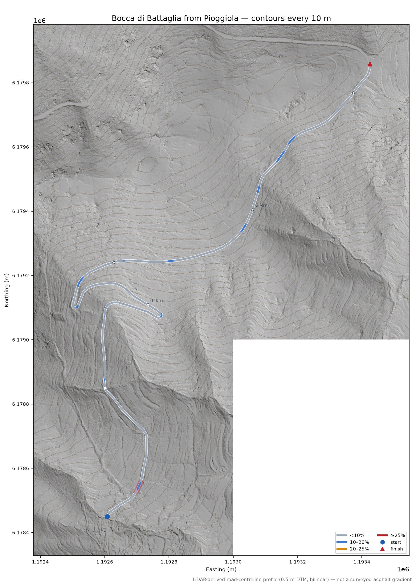 Bocca di Battaglia from Pioggiola LiDAR hillshade map with contours