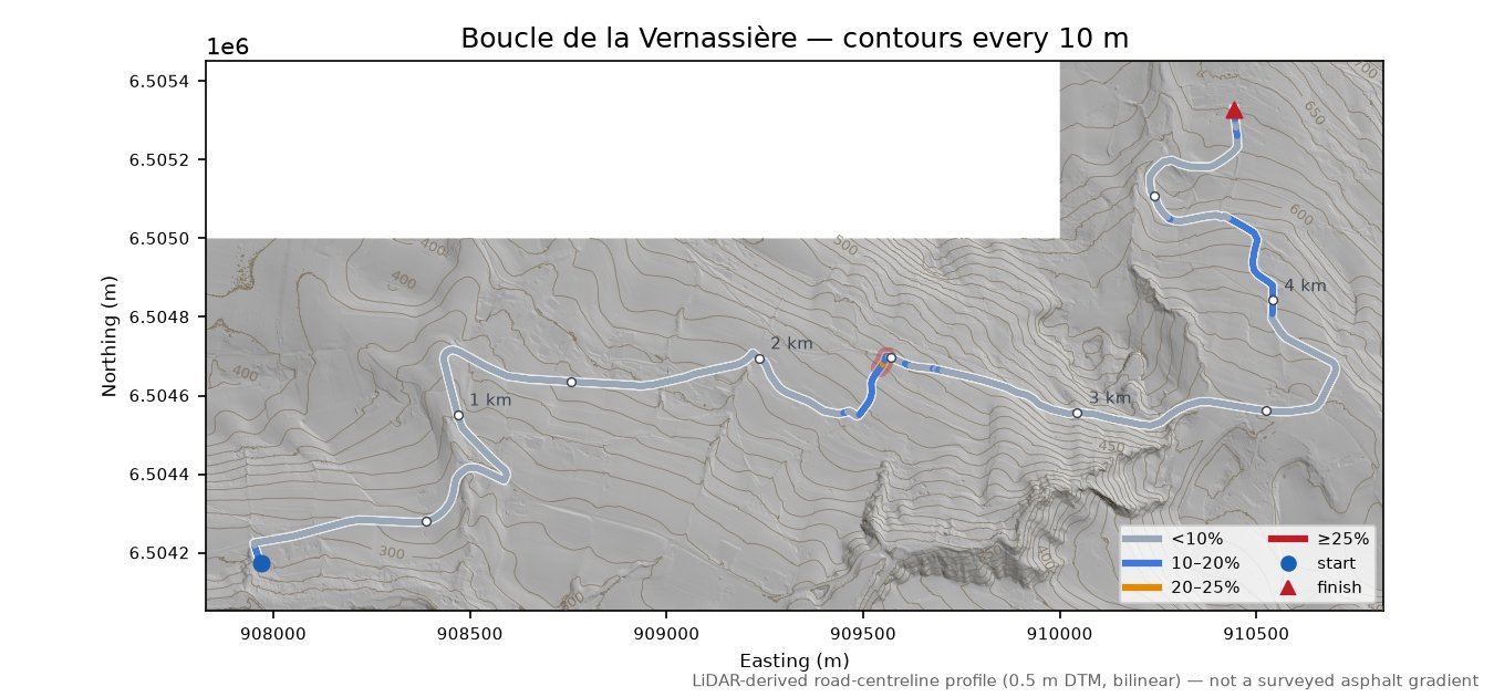 Boucle de la Vernassière LiDAR hillshade map with contours