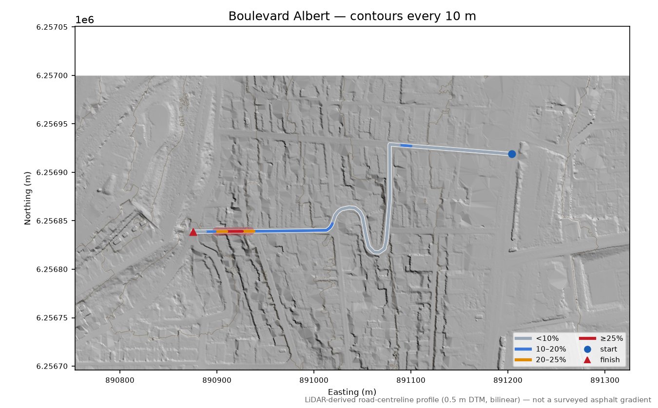 Boulevard Albert LiDAR hillshade map with contours