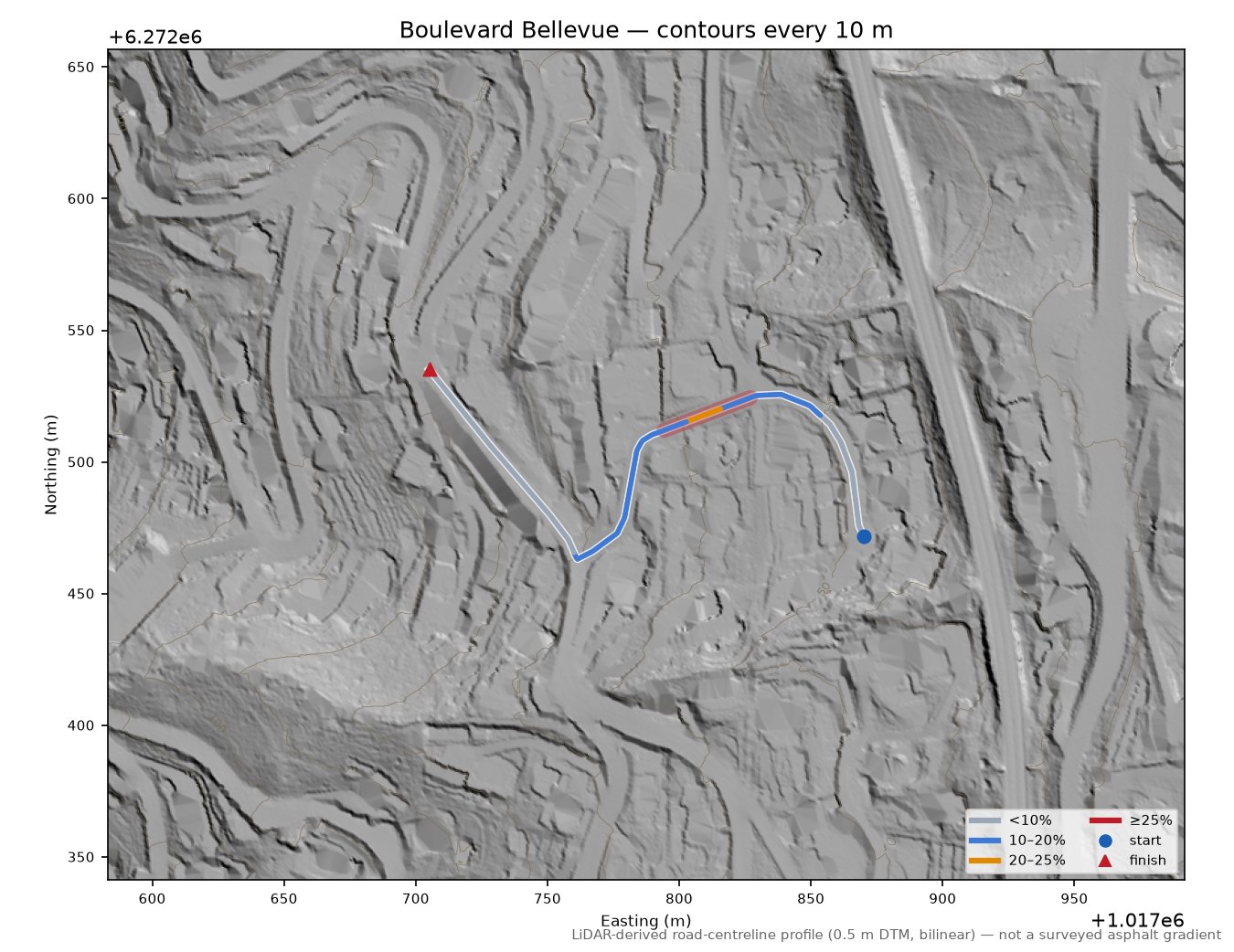 Boulevard Bellevue LiDAR hillshade map with contours