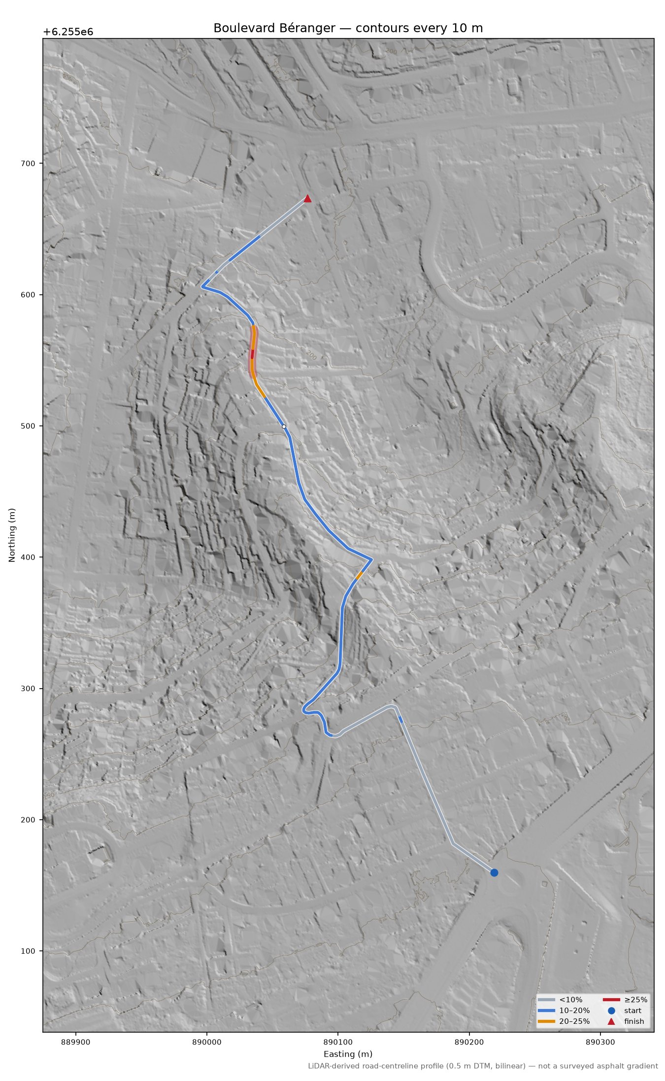 Boulevard Béranger LiDAR hillshade map with contours