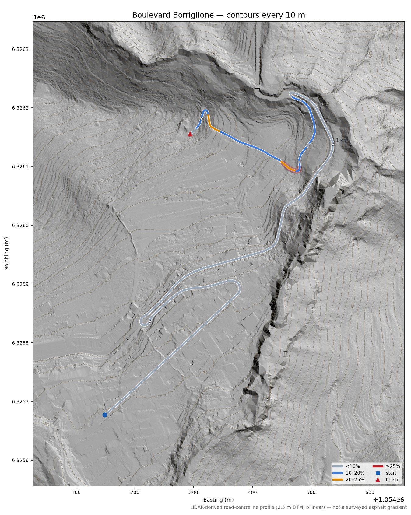 Boulevard Borriglione LiDAR hillshade map with contours