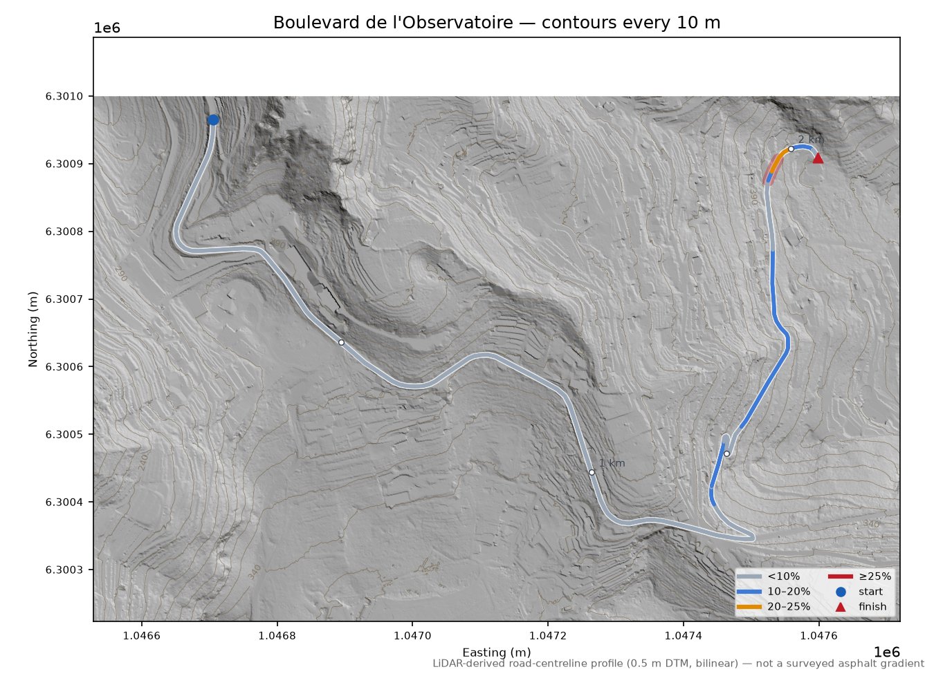 Boulevard de l'Observatoire LiDAR hillshade map with contours