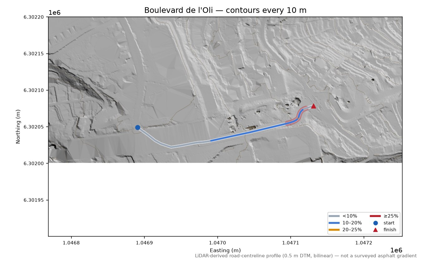 Boulevard de l'Oli LiDAR hillshade map with contours