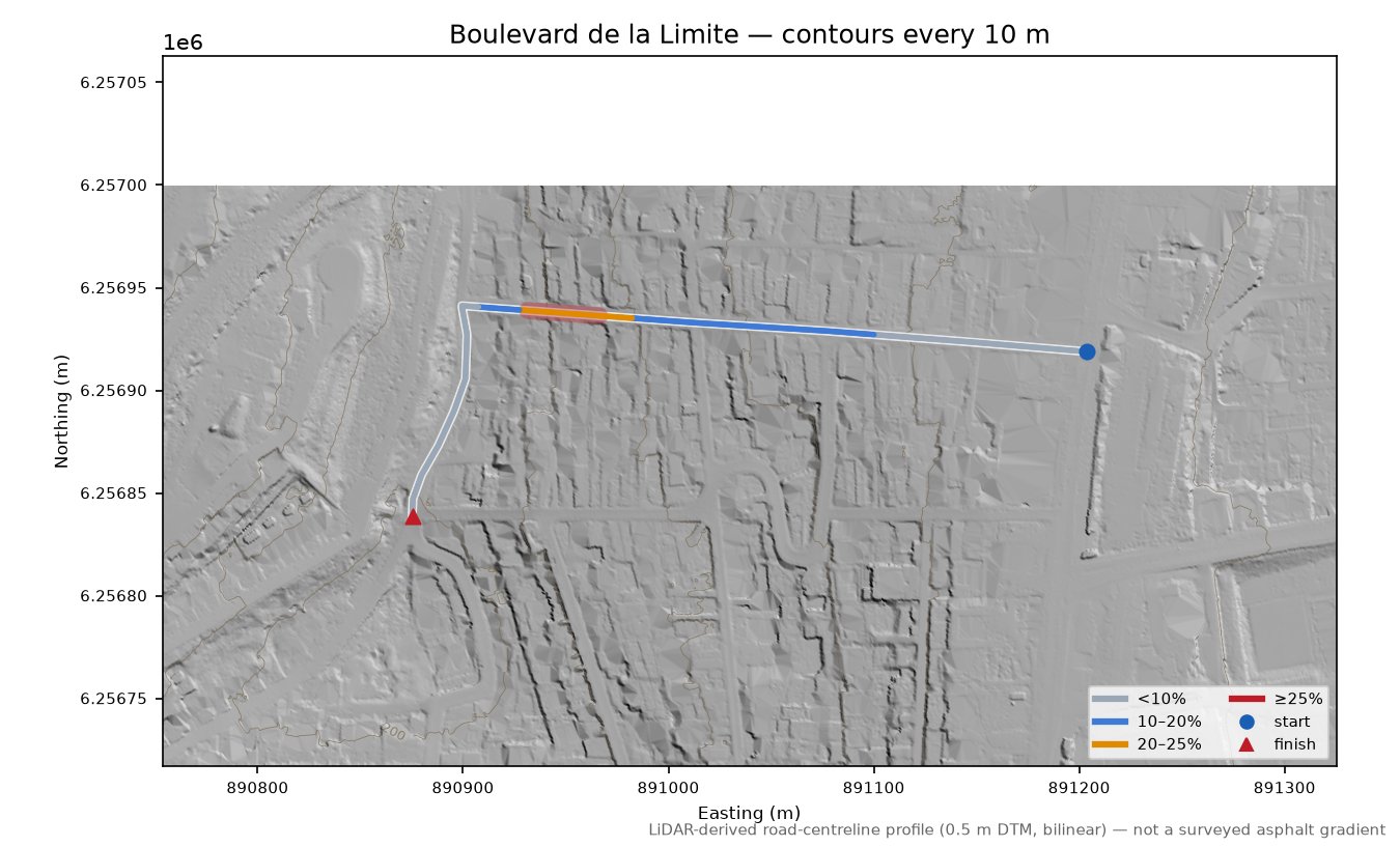 Boulevard de la Limite LiDAR hillshade map with contours