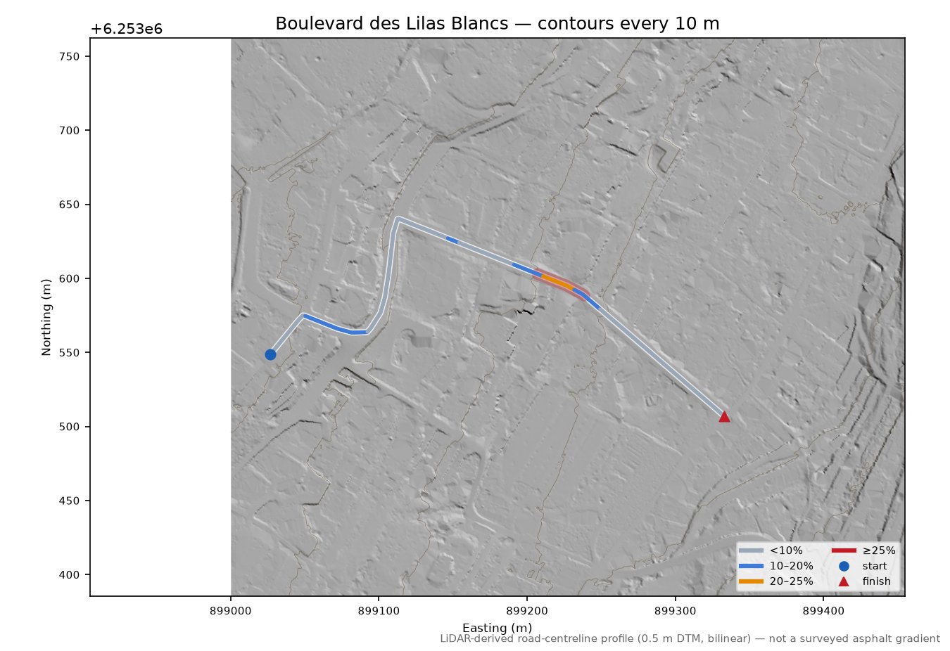 Boulevard des Lilas Blancs LiDAR hillshade map with contours