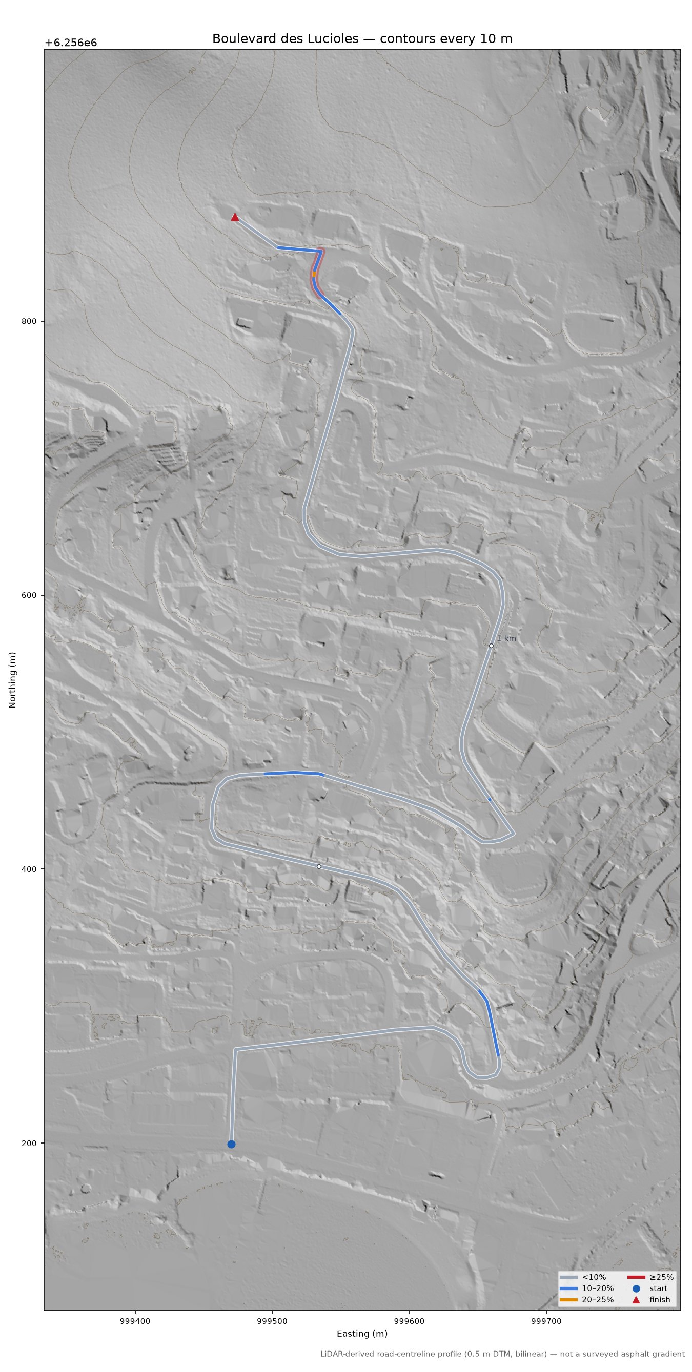 Boulevard des Lucioles LiDAR hillshade map with contours