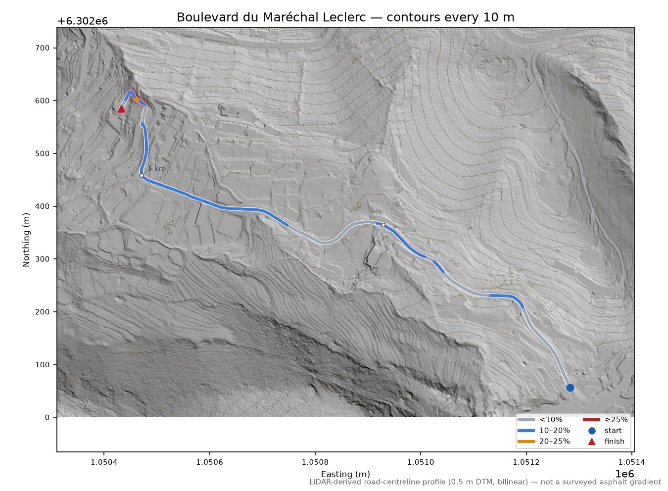 Boulevard du Maréchal Leclerc LiDAR hillshade map with contours