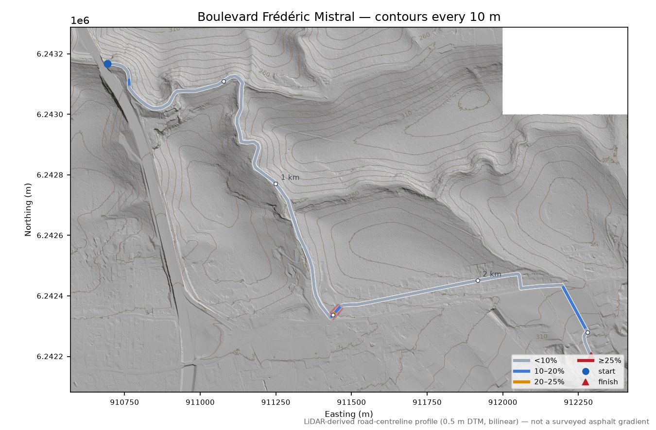 Boulevard Frédéric Mistral LiDAR hillshade map with contours