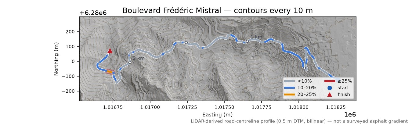 Boulevard Frédéric Mistral LiDAR hillshade map with contours