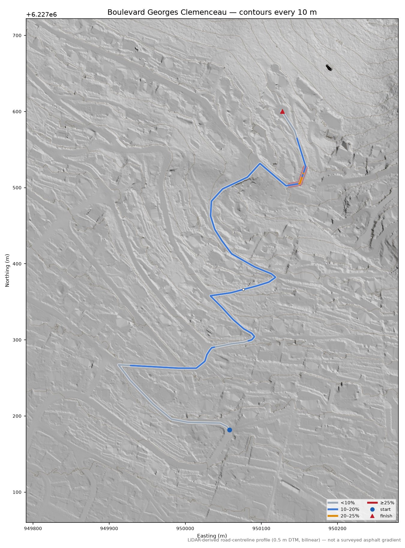 Boulevard Georges Clemenceau LiDAR hillshade map with contours