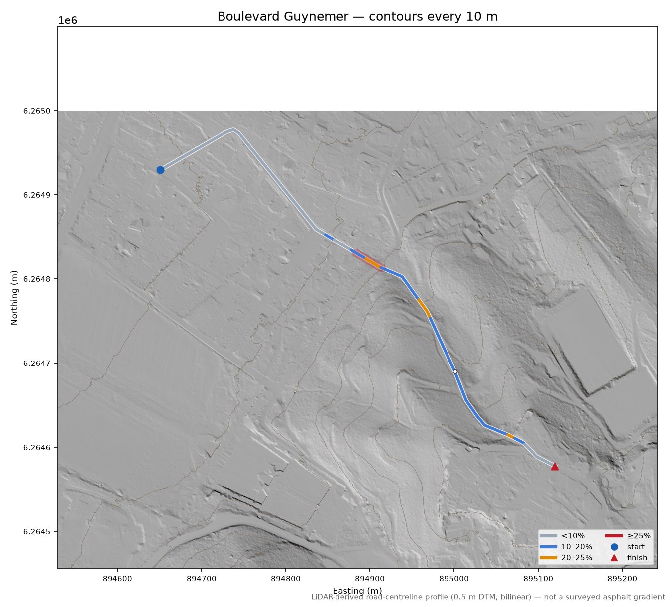 Boulevard Guynemer LiDAR hillshade map with contours
