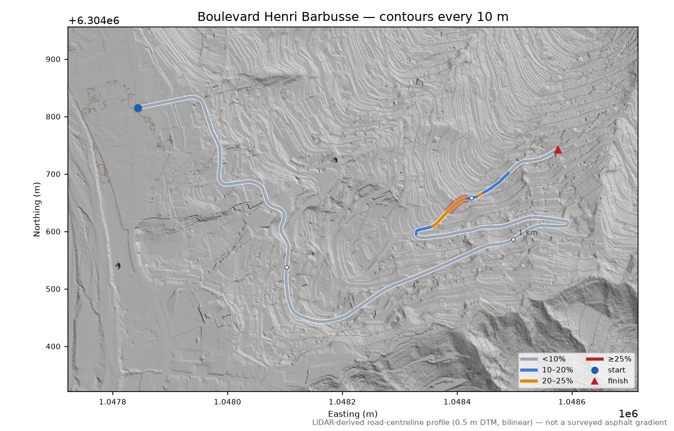 Boulevard Henri Barbusse LiDAR hillshade map with contours