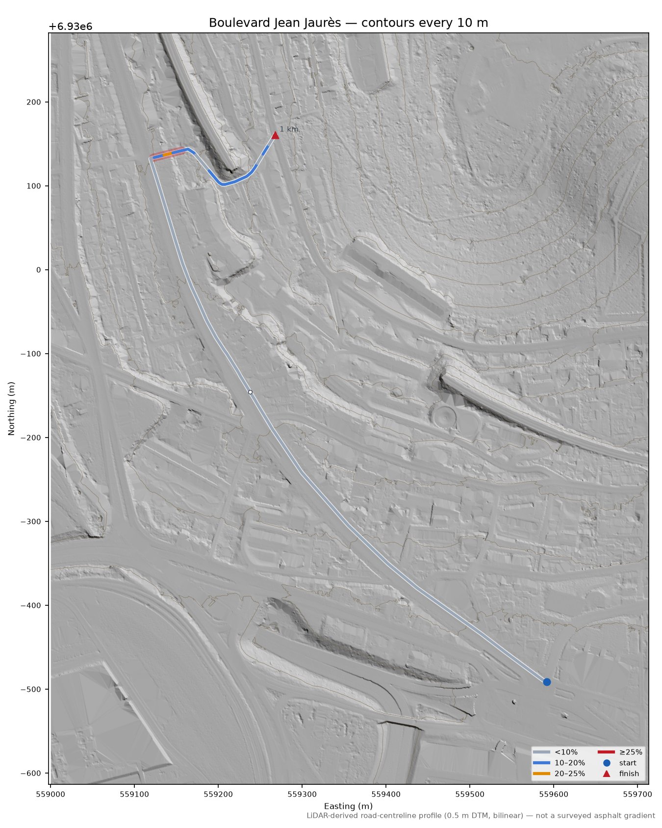 Boulevard Jean Jaurès LiDAR hillshade map with contours