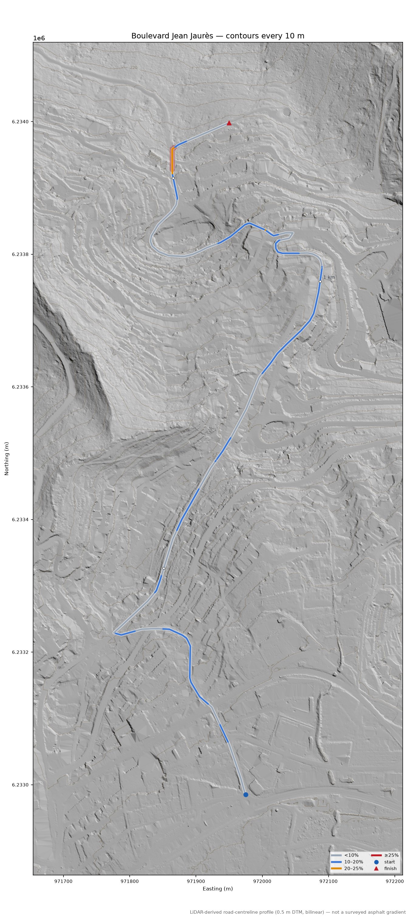 Boulevard Jean Jaurès LiDAR hillshade map with contours