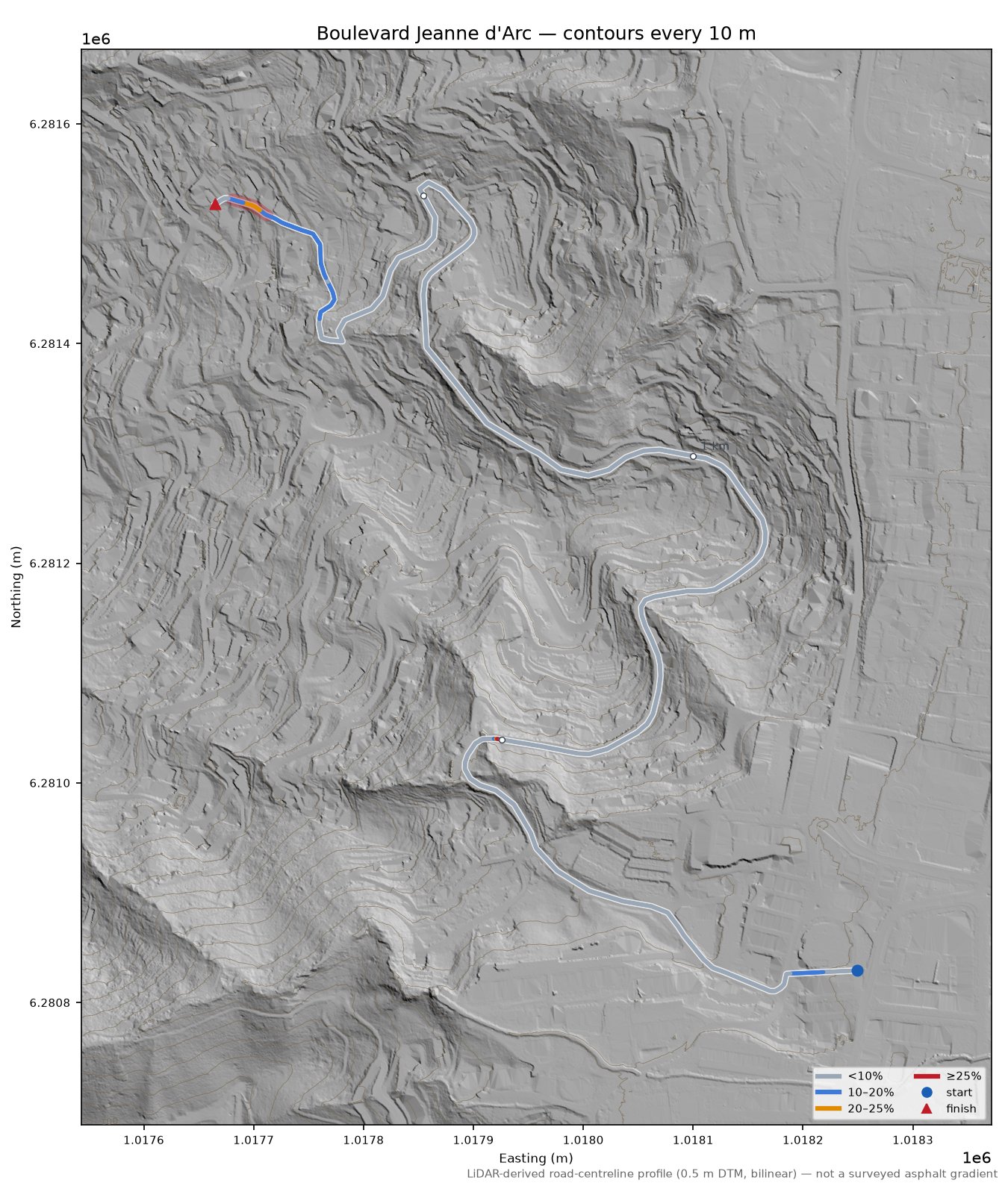 Boulevard Jeanne d'Arc LiDAR hillshade map with contours