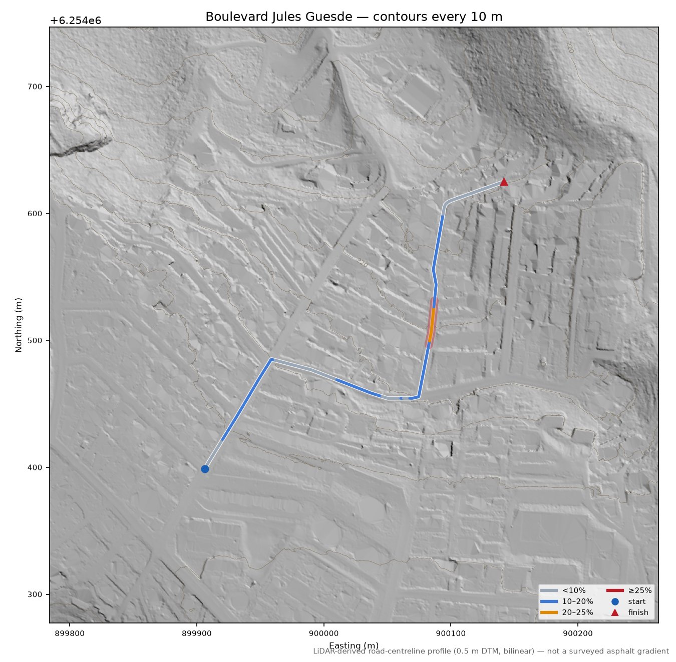 Boulevard Jules Guesde LiDAR hillshade map with contours
