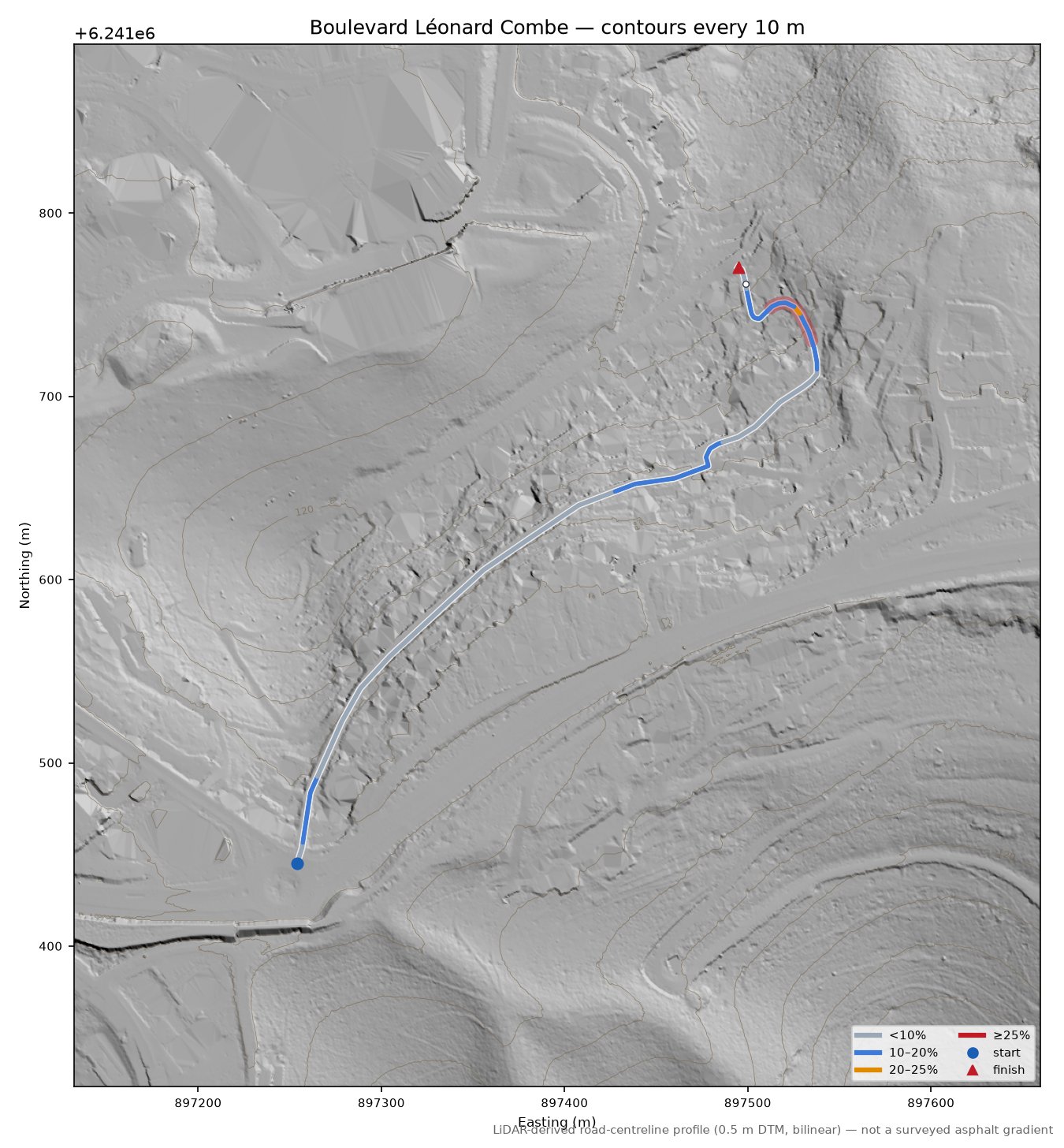 Boulevard Léonard Combe LiDAR hillshade map with contours