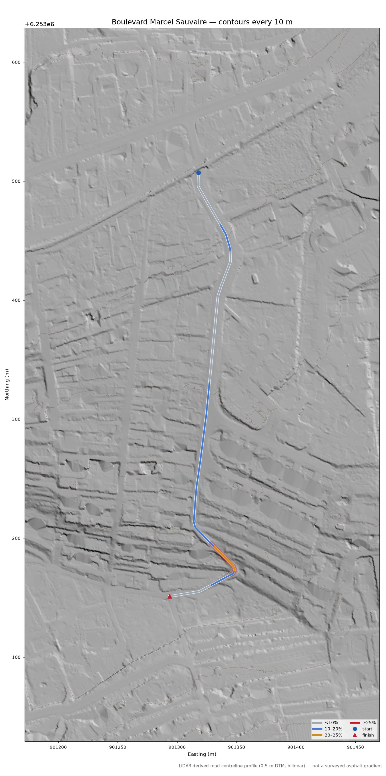 Boulevard Marcel Sauvaire LiDAR hillshade map with contours