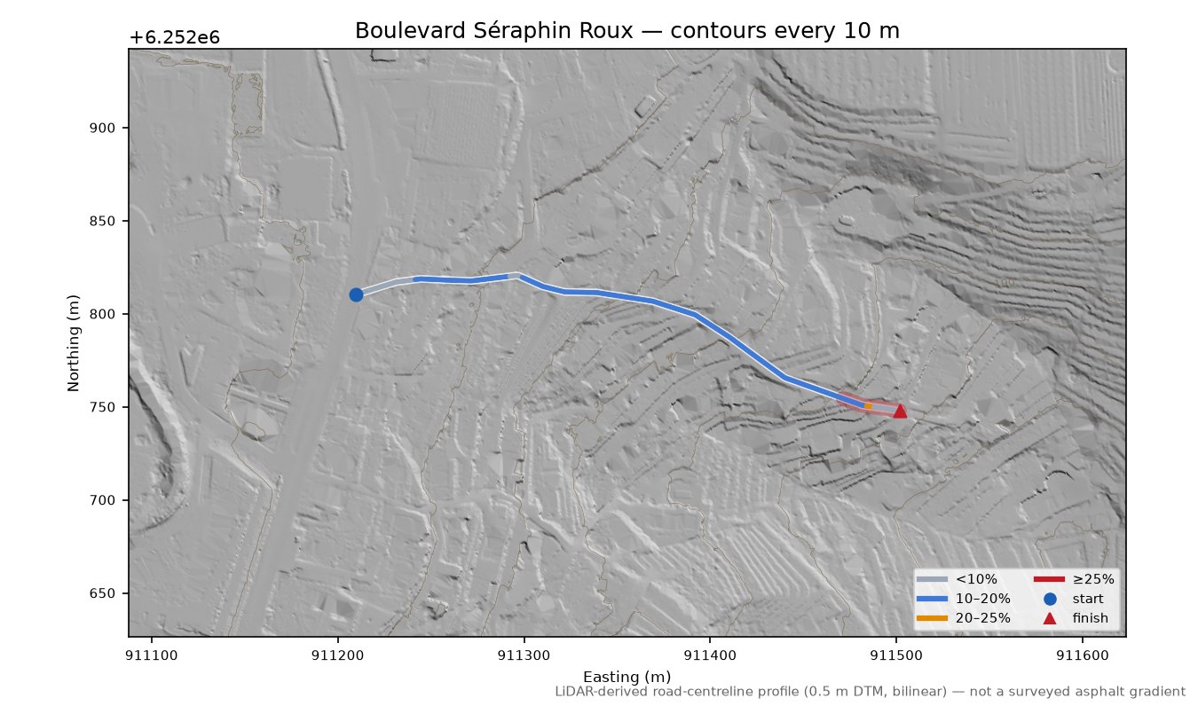 Boulevard Séraphin Roux LiDAR hillshade map with contours