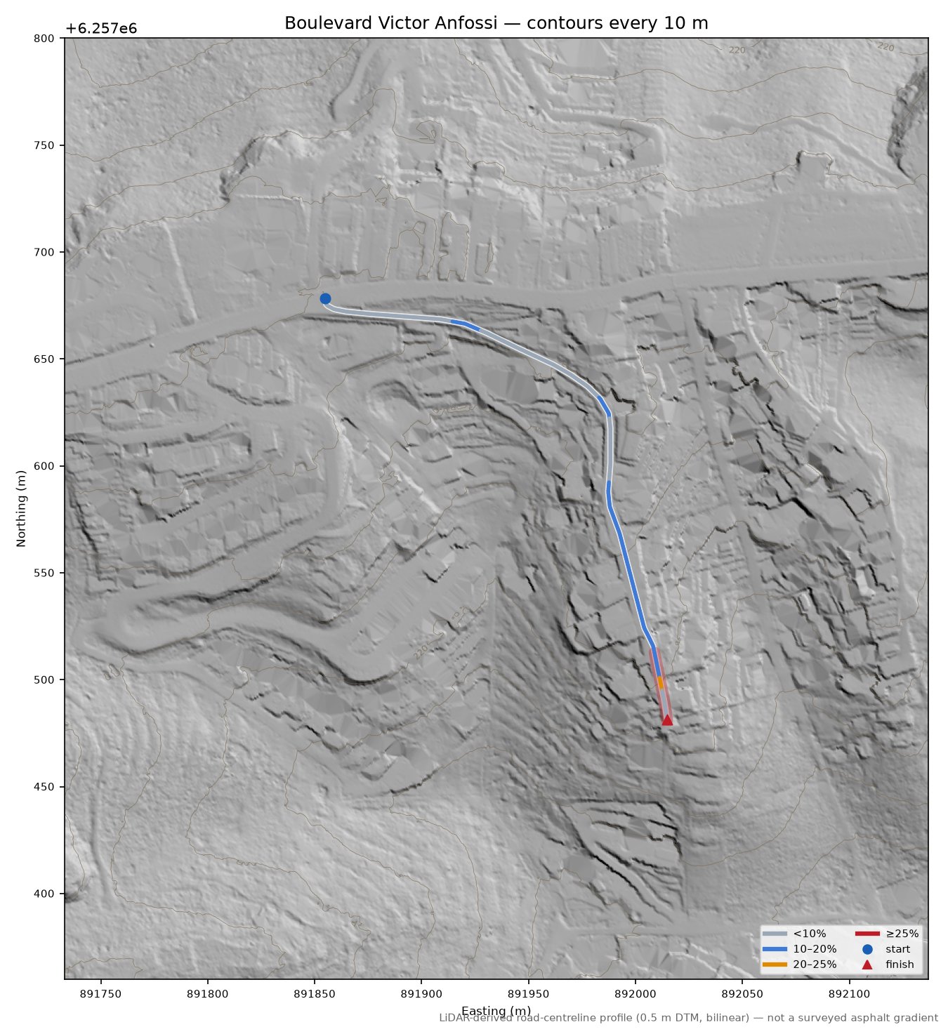Boulevard Victor Anfossi LiDAR hillshade map with contours