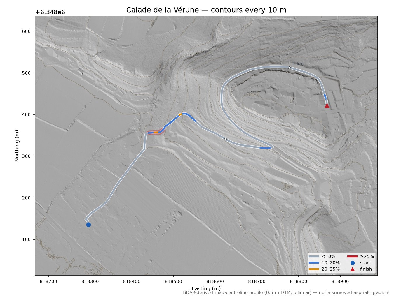 Calade de la Vérune LiDAR hillshade map with contours