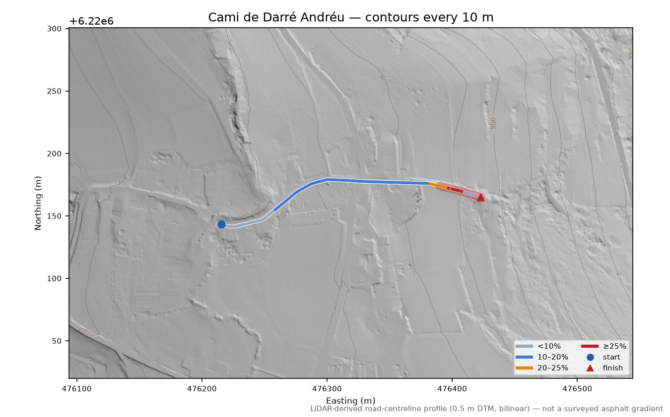 Cami de Darré Andréu LiDAR hillshade map with contours