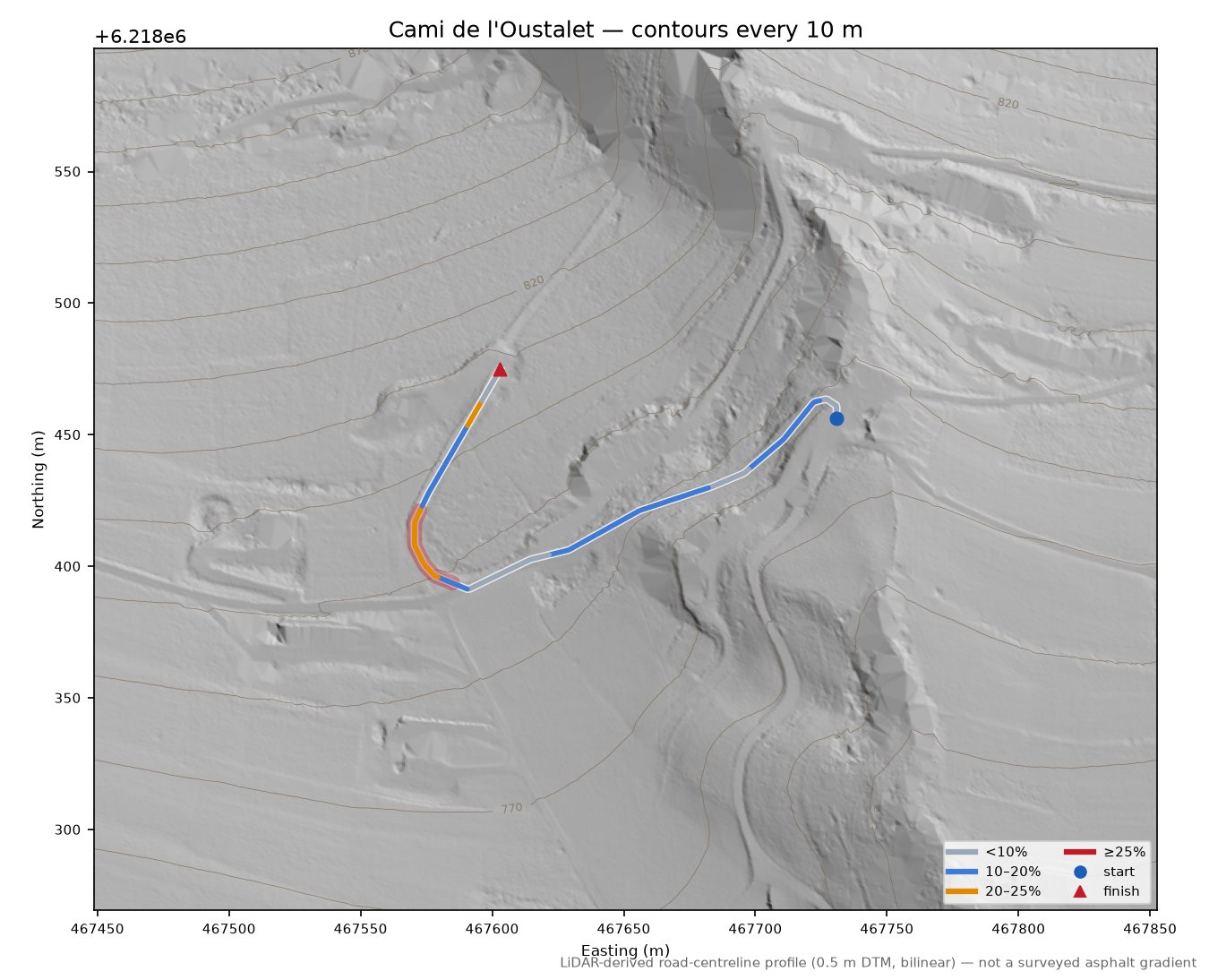 Cami de l'Oustalet LiDAR hillshade map with contours