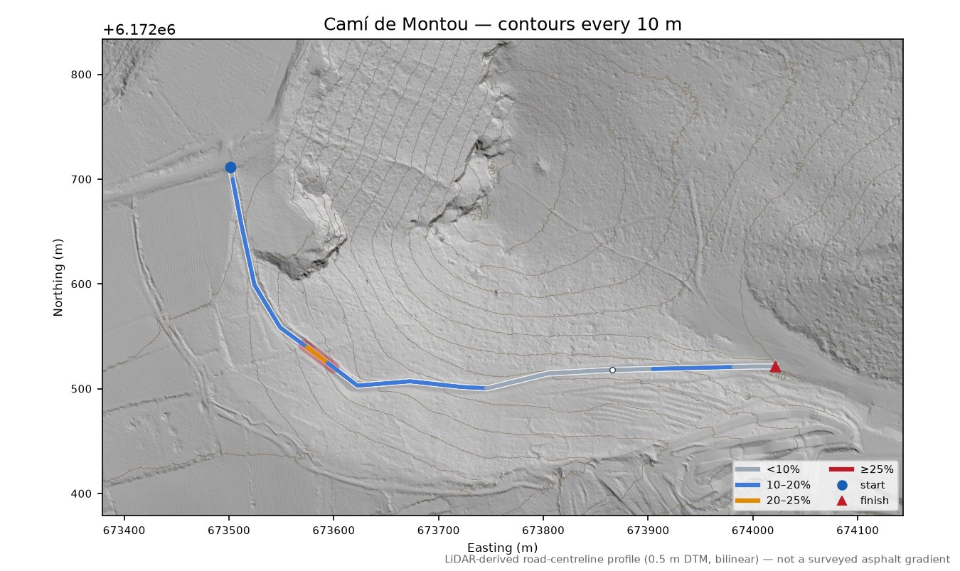 Camí de Montou LiDAR hillshade map with contours