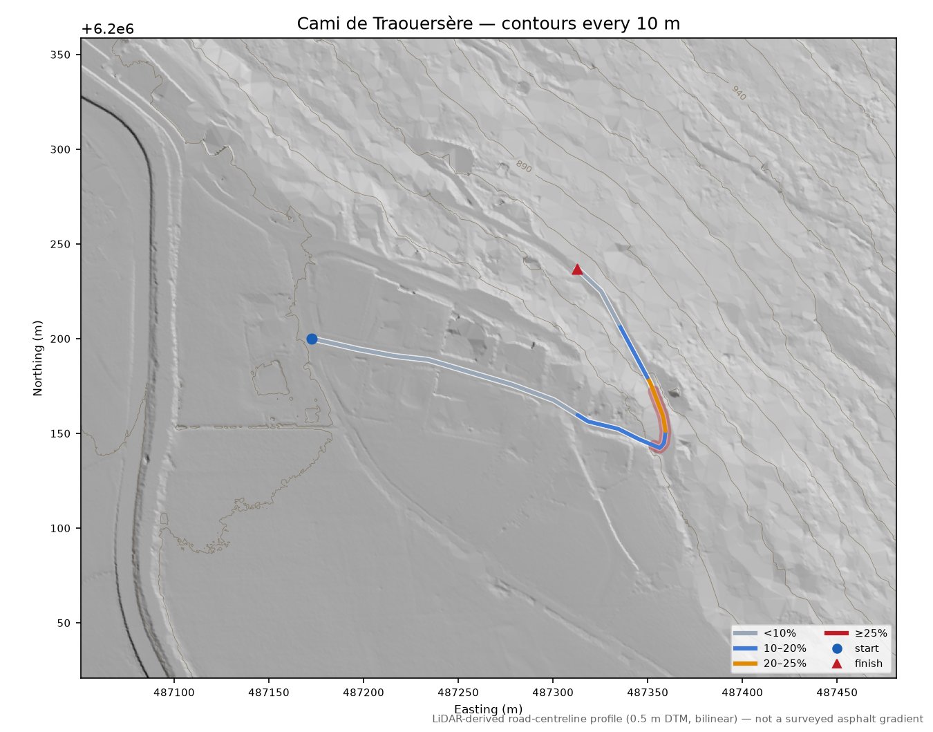 Cami de Traouersère LiDAR hillshade map with contours
