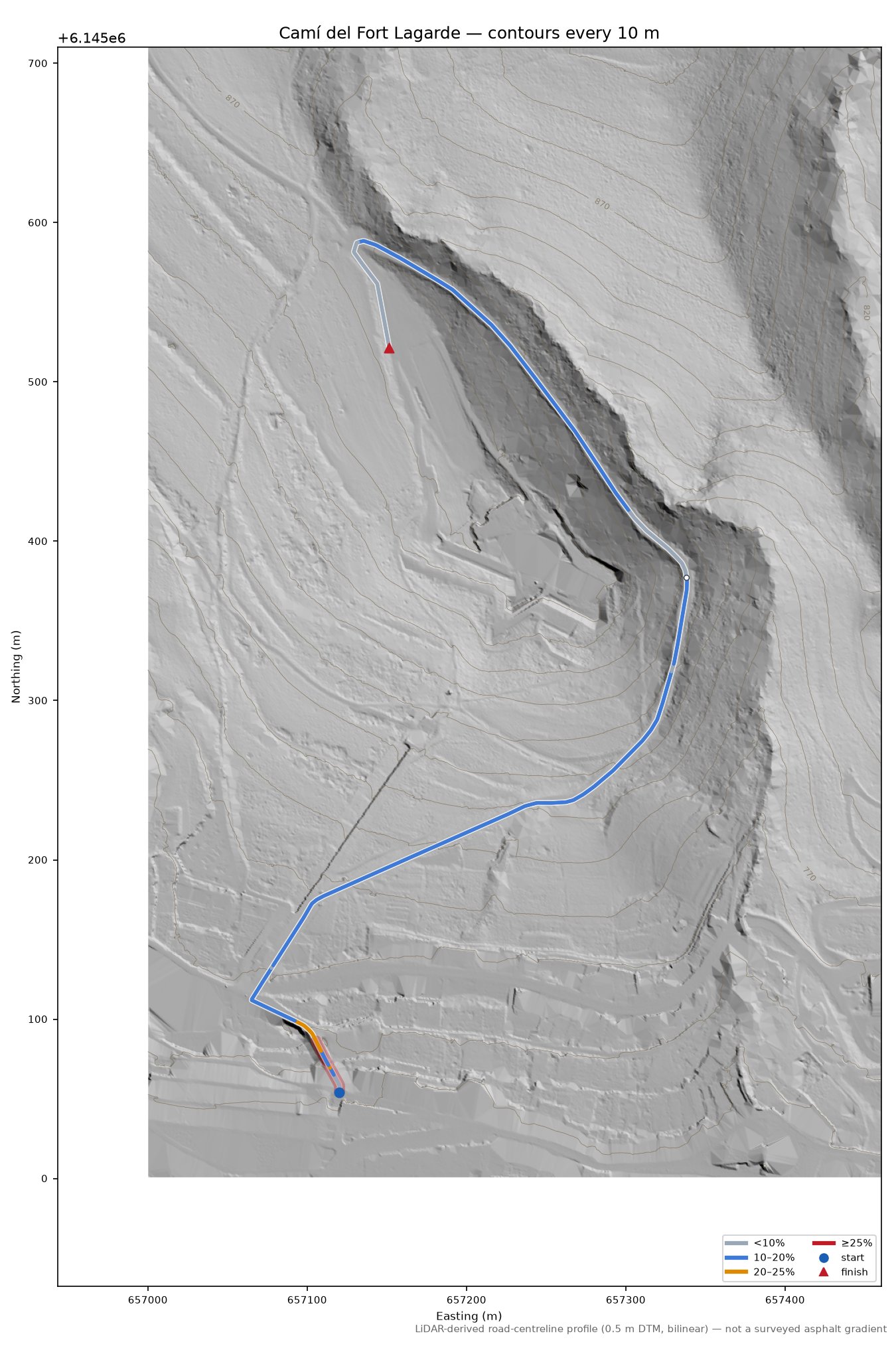Camí del Fort Lagarde LiDAR hillshade map with contours