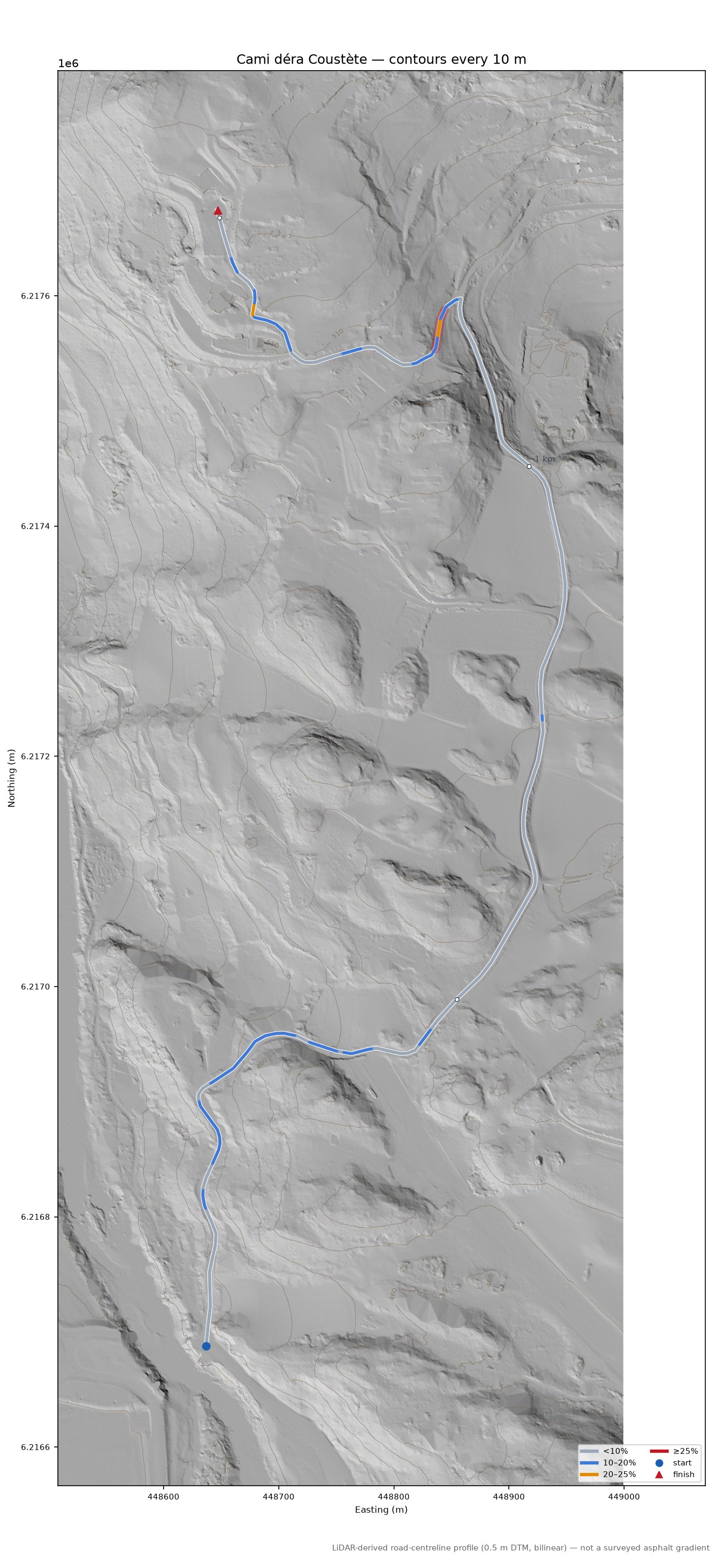 Cami déra Coustète LiDAR hillshade map with contours