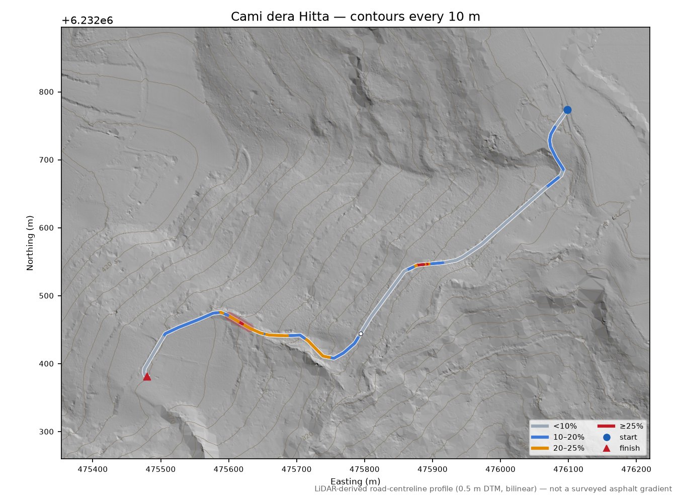 Cami dera Hitta LiDAR hillshade map with contours