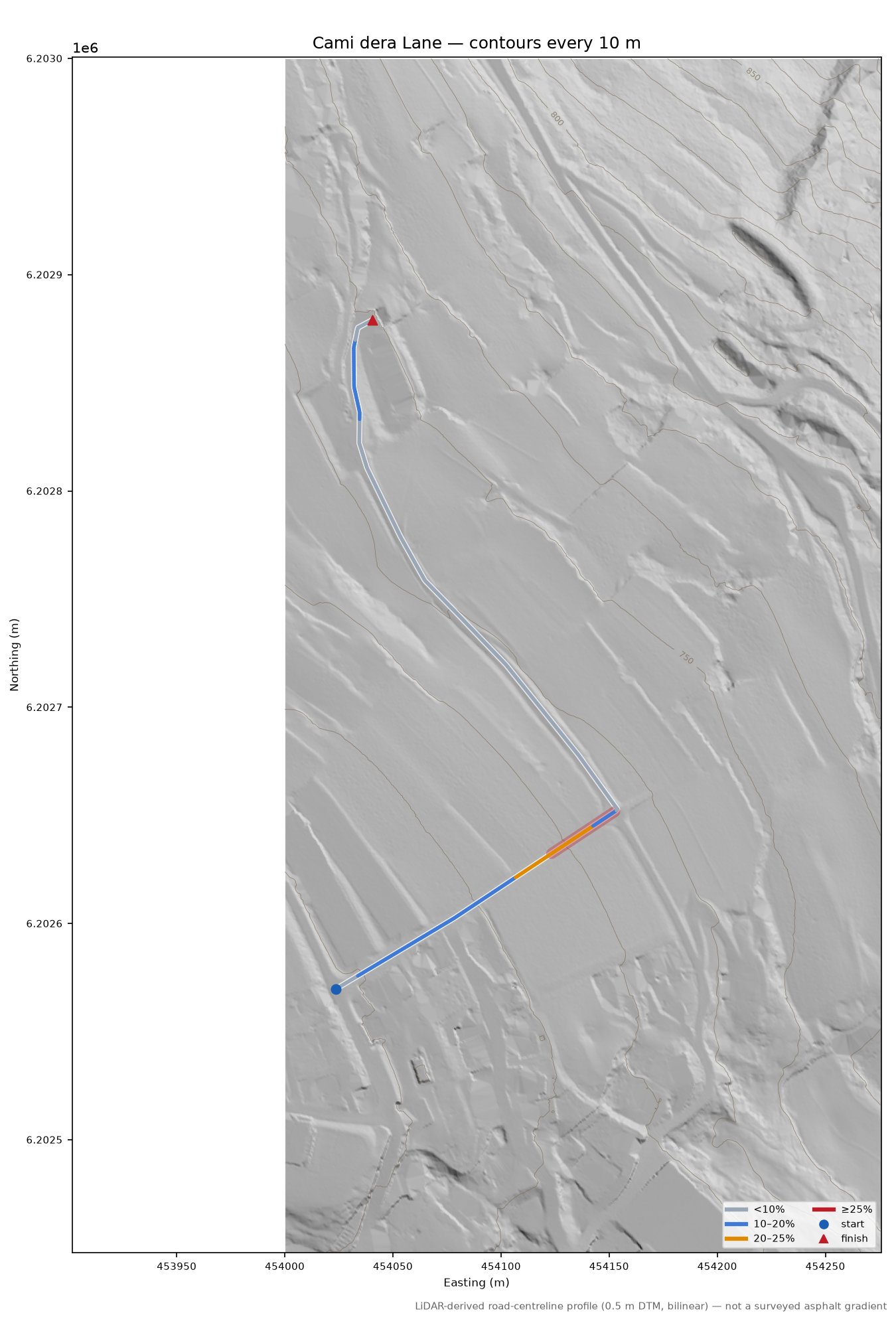 Cami dera Lane LiDAR hillshade map with contours