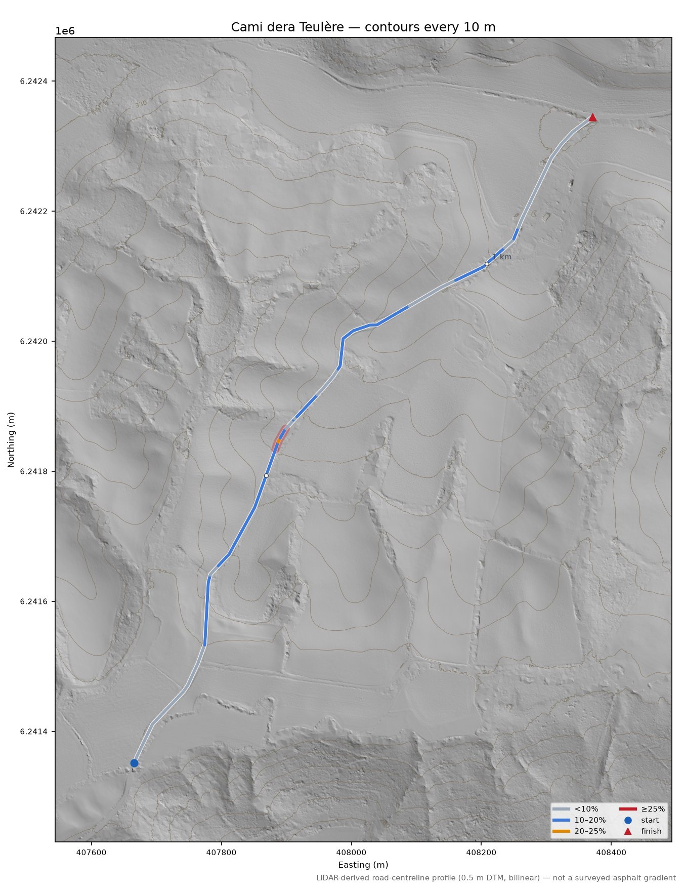 Cami dera Teulère LiDAR hillshade map with contours