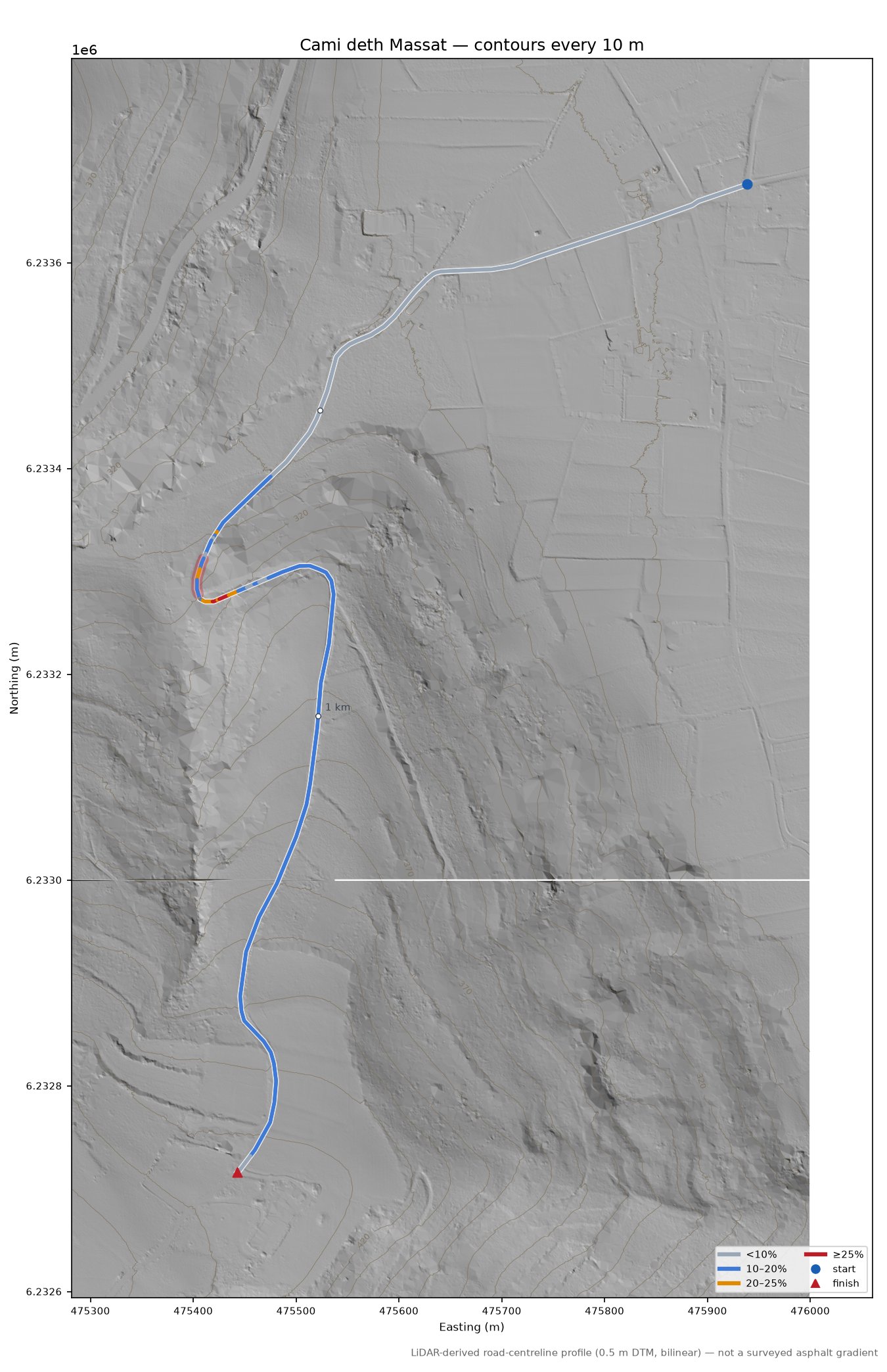 Cami deth Massat LiDAR hillshade map with contours