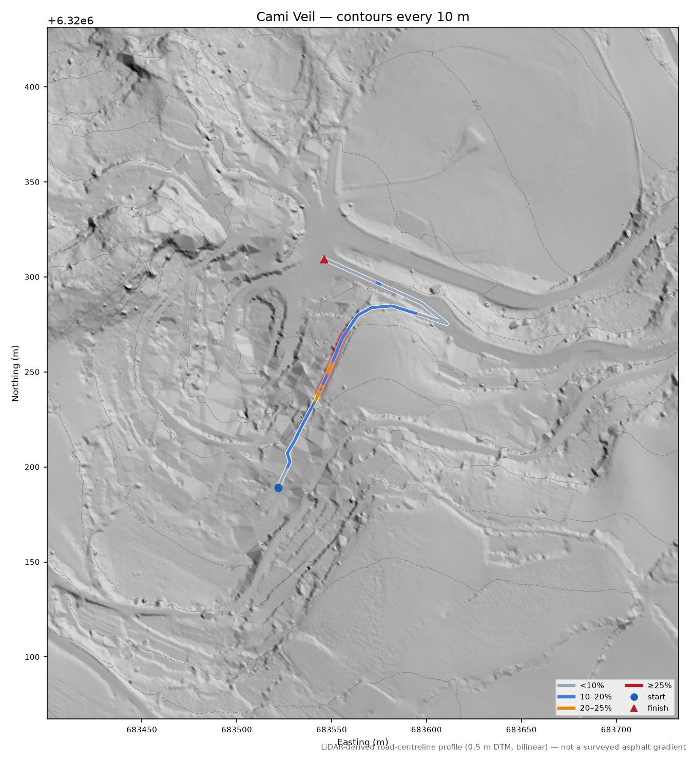 Cami Veil LiDAR hillshade map with contours