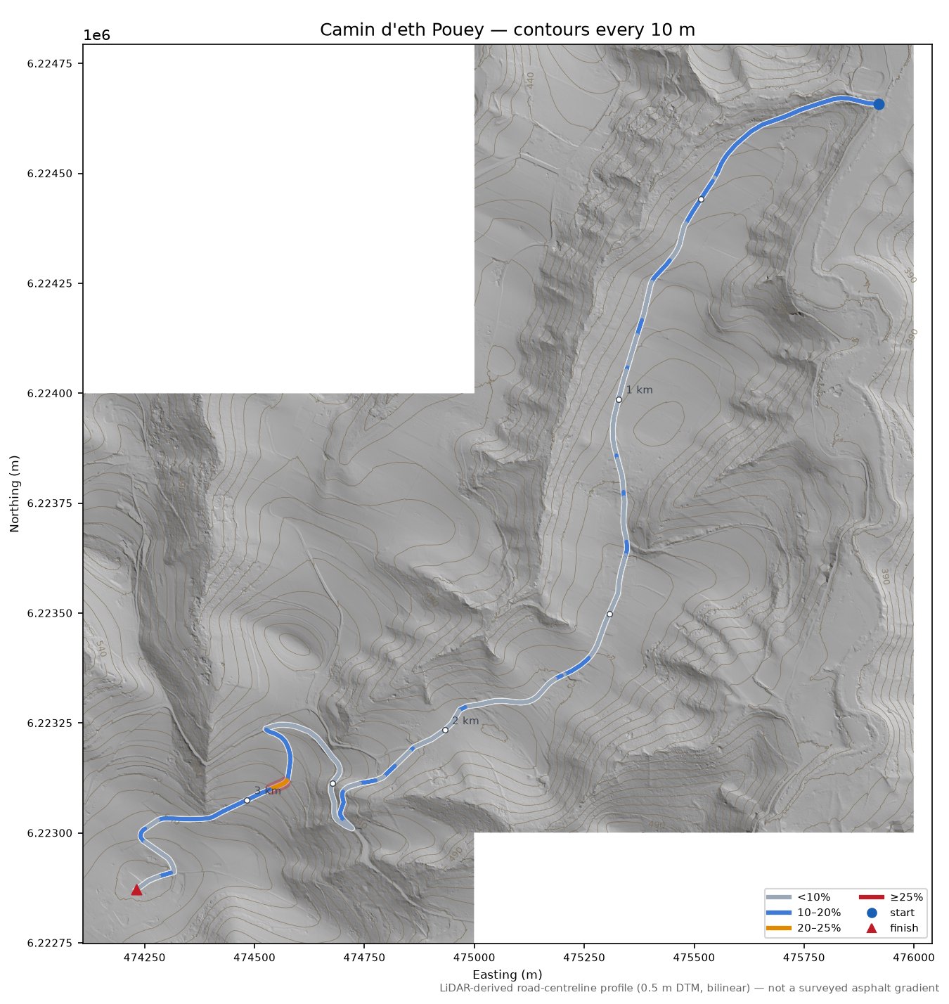 Camin d'eth Pouey LiDAR hillshade map with contours