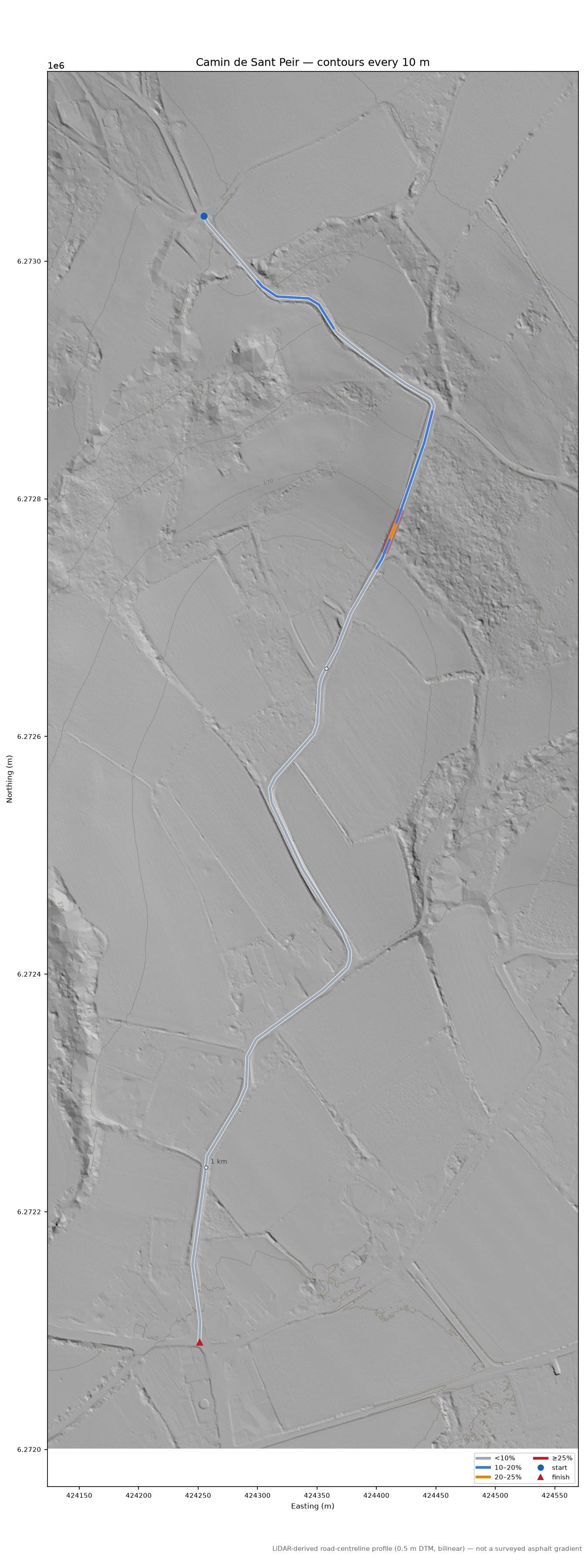 Camin de Sant Peir LiDAR hillshade map with contours