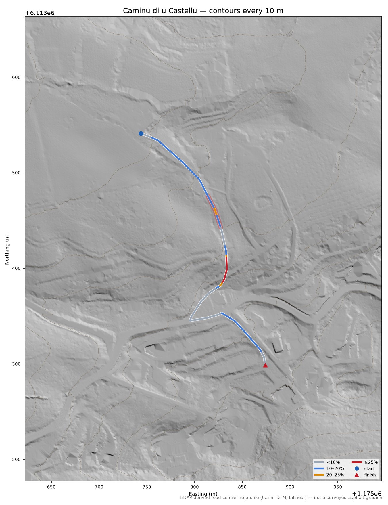 Caminu di u Castellu LiDAR hillshade map with contours